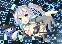 Rule 34 | 1girl, :3, :d, arms up, bad id, bad pixiv id, belt, binary, blue eyes, blurry, blush, bodysuit, breasts, cable, cat, cleavage, cleavage cutout, clenched hand, clothing cutout, depth of field, elbow gloves, electric plug, electrical outlet, flying, foreshortening, gloves, glowing, grey gloves, grey necktie, grey thighhighs, hair between eyes, hair ornament, happy, large breasts, leotard, long hair, looking at viewer, mirea, necktie, neon trim, o o, open mouth, original, outstretched arm, outstretched arms, parted bangs, partially fingerless gloves, pixelated, power symbol, reaching, robot, silver hair, smile, solo, spread arms, teeth, thigh strap, thighhighs, thighs, turtleneck, twintails, two side up