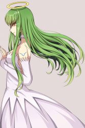 Rule 34 | 1girl, breasts, c.c., choker, code geass, cowboy shot, detached sleeves, dress, floating hair, from side, glowing, glowing eyes, green hair, grey background, halo, highres, long hair, looking at viewer, lucky keai, medium breasts, simple background, sleeveless, sleeveless dress, smile, solo, standing, strapless, strapless dress, very long hair, white dress, yellow eyes