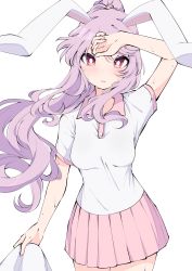 Rule 34 | 1girl, alternate costume, animal ears, breasts, rabbit ears, commentary request, highres, holding, holding towel, looking at viewer, medium breasts, pink skirt, pleated skirt, purple hair, red eyes, reisen udongein inaba, short sleeves, simple background, skirt, solo, sportswear, tennis uniform, touhou, towel, tsukimirin, white background