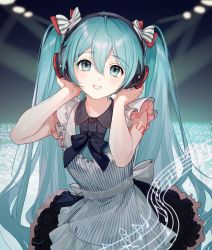 Rule 34 | 1girl, absurdres, almic, alternate costume, apron, aqua hair, bare arms, black bow, black dress, blurry, blurry background, blush, bow, commentary request, cowboy shot, dress, frilled dress, frills, grin, hair bow, hands up, hatsune miku, headphones, headset, highres, long hair, looking at viewer, musical note, number tattoo, red bow, shoulder tattoo, sleeveless, smile, solo, striped apron, striped bow, striped clothes, tattoo, twintails, vertical-striped apron, vertical-striped clothes, very long hair, vocaloid, white apron, white bow