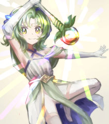 Rule 34 | 1girl, aged down, armpits, bare shoulders, criss-cross halter, elbow gloves, fire emblem, fire emblem: the sacred stones, fire emblem heroes, gloves, green eyes, green hair, hair ornament, halterneck, highres, holding, holding staff, kwz ini, l&#039;arachel (fire emblem), leg up, looking at viewer, nintendo, sleeveless, smile, solo, staff, white gloves