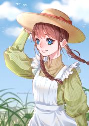 Rule 34 | 1girl, apron, blue eyes, blue sky, bow, braid, brown hair, brown shirt, cloud, day, dress shirt, floating hair, grin, hair bow, hat, hat ribbon, long hair, long sleeves, low twintails, original, outdoors, red bow, red ribbon, ribbon, shirt, sky, smile, solo, straw hat, striped clothes, striped shirt, sun hat, tabby chan, twin braids, twintails, twitter username, vertical-striped clothes, vertical-striped shirt, white apron, yellow hat