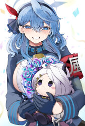 Rule 34 | 1girl, absurdres, ako (blue archive), bell, blue archive, blue eyes, blue gloves, blue hair, blue jacket, blush, bouquet, breasts, collar, confetti, cowbell, flower, gloves, grin, hair between eyes, hair ribbon, hairband, half gloves, halo, highres, hina (blue archive), jacket, large breasts, long hair, long sleeves, looking at viewer, ribbon, san (harutuki 3), sideboob, smile, solo, stuffed toy