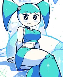 Rule 34 | 1girl, absurdres, arm support, black eyes, blue footwear, blue hair, blue shirt, blue skirt, blush, boots, breasts, cleavage, colored skin, crop top, heart, highres, jenny wakeman, large breasts, long sleeves, looking at viewer, midriff, my life as a teenage robot, navel, nickelodeon, open mouth, robot, shirt, sitting, skirt, sleeveless, sleeveless shirt, smile, spoken heart, thick thighs, thigh boots, thighs, tony welt, twintails, white background, white skin, wide hips