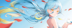 Rule 34 | 1girl, bare shoulders, bird, bird on hand, blonde hair, blue hair, blush, breasts, character request, commentary request, copyright request, dress, gradient hair, gyeonjahee, hair ribbon, halter dress, halterneck, highres, indie virtual youtuber, korean commentary, korean streamer, lancheu, long hair, looking at viewer, medium breasts, multicolored hair, petals, ribbon, sidelocks, solo, streamers, virtual youtuber, white dress, white ribbon, yellow eyes