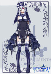 Rule 34 | 1girl, albino, armband, asymmetrical clothes, black thighhighs, boots, cross, dress, elbow gloves, eyepatch, frills, gloves, hat, imi fumei, pixiv fantasia, pixiv fantasia 5, purple eyes, single elbow glove, single glove, solo, standing, thigh boots, thighhighs, white hair