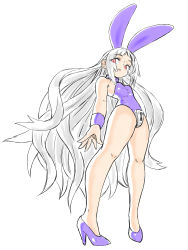 Rule 34 | 1girl, absurdres, adapted costume, animal ears, bare legs, breasts, collar, cuffs, curvy, eyes visible through hair, fake animal ears, full body, high heels, highres, iron maiden jeanne, keyhole, leotard, long hair, looking at viewer, parted lips, playboy bunny, purple footwear, purple leotard, rabbit ears, red eyes, shaman king, shiny skin, sidelocks, simple background, small breasts, solo, standing, toshinoshin, very long hair, white background, white hair