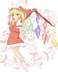 Rule 34 | 1girl, ascot, blonde hair, flandre scarlet, full body, haizakurakanon, hat, hat ribbon, looking at viewer, mob cap, no shoes, patterned background, red eyes, ribbon, short hair, short sleeves, side ponytail, skirt, skirt set, smile, socks, solo, stuffed animal, stuffed toy, teddy bear, touhou, white background, wings