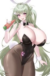 Rule 34 | 1girl, animal ears, black bow, black bowtie, black leotard, black pantyhose, blush, bow, bowtie, breasts, carrot, cleavage, covered navel, detached collar, fake animal ears, food, goddess of victory: nikke, green hair, green nails, hair ornament, hand up, highleg, highleg leotard, highres, holding, holding food, huge breasts, kuavera, leotard, long hair, looking at viewer, mole, mole on breast, nail polish, official alternate costume, open mouth, pantyhose, playboy bunny, purple eyes, rabbit ears, rabbit tail, simple background, skindentation, smile, soda (nikke), soda (twinkling bunny) (nikke), solo, strapless, strapless leotard, tail, teeth, tongue, tongue out, traditional bowtie, upper teeth only, very long hair, white background, wrist cuffs