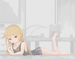 Rule 34 | 1girl, barefoot, black shirt, black shorts, blonde hair, casual, commentary request, drinking straw, full body, indoors, kantai collection, logiclr, long hair, looking at viewer, lying, on stomach, pitcher (container), satsuki (kancolle), shirt, short shorts, shorts, sleeveless, solo, table, tank top, twintails, yellow eyes