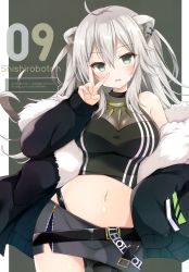 Rule 34 | 1girl, absurdres, ahoge, animal ears, bare shoulders, belt, black jacket, black pantyhose, black shirt, black skirt, breasts, cleavage, cowboy shot, crop top, earrings, fangs, frown, fur-trimmed jacket, fur trim, green eyes, grey hair, hand up, highleg, highres, hololive, jacket, jewelry, large breasts, lion ears, lion girl, long hair, long sleeves, looking at viewer, midriff, miniskirt, navel, necklace, off shoulder, open clothes, open jacket, open mouth, panties, panties under pantyhose, pantyhose, picpicgram, scan, see-through, see-through cleavage, shirt, shishiro botan, shishiro botan (1st costume), side slit, single leg pantyhose, skirt, sleeveless, sleeveless shirt, solo, standing, stomach, two side up, underwear, v, virtual youtuber