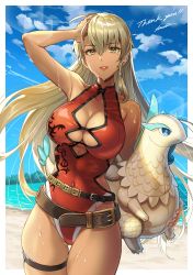 Rule 34 | 1girl, absurdres, alternate costume, bare shoulders, beach, belt, blonde hair, blue sky, breasts, cleavage, cloud, commission, commissioner upload, dark-skinned female, dark skin, female focus, fire emblem, fire emblem: the binding blade, hand on own head, highleg, highleg swimsuit, highres, holding, holding toy, huge filesize, igrene (fire emblem), inflatable toy, iria (yumeirokingyo), large breasts, long hair, looking at viewer, matching hair/eyes, mole, mole under eye, nintendo, one-piece swimsuit, outdoors, parted lips, red one-piece swimsuit, signature, skeb commission, skindentation, sky, solo, standing, swimsuit, thigh strap, toy, wet, yellow eyes