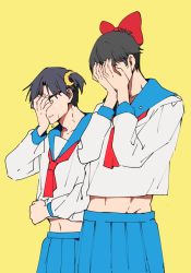 Rule 34 | 10s, 2boys, akabane kenji, blue skirt, bow, cosplay, covering face, cowboy shot, crossdressing, crying, embarrassed, eunram, glasses, hair bow, idolmaster, idolmaster (classic), idolmaster cinderella girls, male focus, midriff, multiple boys, neckerchief, pipimi, pipimi (cosplay), pleated skirt, poptepipic, popuko, popuko (cosplay), producer (idolmaster), producer (idolmaster anime), producer (idolmaster cinderella girls anime), red neckerchief, school uniform, serafuku, short twintails, simple background, skirt, takeuchi shunsuke, twintails, voice actor connection, yellow background