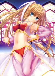 Rule 34 | 1girl, anklet, arabian clothes, armpits, barefoot, blonde hair, blue eyes, bracelet, cameltoe, dancer, detached sleeves, feet, gypsy, hair ribbon, harem outfit, harem pants, jewelry, knife, legs, little busters!, long hair, lots of jewelry, midriff, na-ga, navel, necklace, pants, ponytail, ribbon, see-through, solo, toes, tokido saya