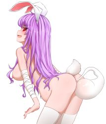 Rule 34 | 1girl, :d, absurdres, animal ears, ass, bandages, bare shoulders, big belly, breasts, unworn clothes, highres, hitodama, inflation, konpaku youmu (ghost), large breasts, long hair, looking at viewer, looking back, nude, object insertion, open mouth, pan-ooh, puffy nipples, rabbit ears, rabbit tail, reisen udongein inaba, simple background, smile, solo, tail, thighhighs, thighs, touhou, transparent background, vaginal, vaginal object insertion, white background, white thighhighs