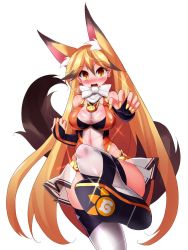 Rule 34 | 10s, 1girl, alternate costume, animal ears, bare shoulders, blonde hair, blush, boots, bow, breasts, bridal gauntlets, cleavage, curvy, ezo red fox (kemono friends), fox ears, fox tail, highres, japari symbol, kemono friends, large breasts, leotard, long hair, looking at viewer, nagai wataru, orange eyes, see-through, shiny clothes, solo, tail, thigh boots, thighhighs, very long hair, white bow, white neckwear, wide hips
