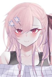 Rule 34 | 1girl, absurdres, blush, braid, closed mouth, collarbone, girls&#039; frontline, hair between eyes, hair ornament, hair ribbon, hexagram, highres, jingo, long hair, looking at viewer, negev (girls&#039; frontline), off shoulder, one side up, pink hair, red eyes, ribbon, shirt, simple background, smile, solo, star of david, upper body, white background, white shirt