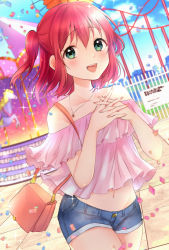 Rule 34 | 1girl, aqua eyes, artist name, artist request, bad id, bad pixiv id, bag, bare shoulders, blue pants, blue shorts, blue sky, blush, carnival, carrying, carrying bag, cloud, female focus, frilled shirt, frills, highres, jewelry, kazepana, kurosawa ruby, looking at viewer, love live!, love live! school idol festival, love live! sunshine!!, nail polish, nails, necklace, own hands clasped, own hands together, pants, pink nails, pink shirt, red hair, shirt, short hair, short shorts, shorts, shoulder bag, sky, smile, solo, twintails, two side up