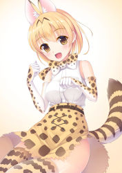 Rule 34 | 10s, 1girl, animal ears, animal print, bare shoulders, belt, blonde hair, blush, bow, brown eyes, cat ears, cat tail, elbow gloves, gloves, highres, kemono friends, looking at viewer, open mouth, serval (kemono friends), serval print, serval tail, shirt, short hair, simple background, sitting, skirt, sleeveless, sleeveless shirt, solo, tail, thighhighs, umitonakai, white shirt