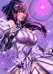 Rule 34 | 1girl, bare shoulders, breasts, cleavage, dress, fate/grand order, fate (series), fur trim, hair between eyes, headpiece, highres, holding, holding wand, jewelry, kouichi09, large breasts, long hair, looking at viewer, magic, purple dress, purple hair, red eyes, scathach (fate), scathach skadi (fate), scathach skadi (third ascension) (fate), signature, solo, tiara, wand