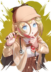 Rule 34 | 1girl, :o, absurdres, arimoto wataru, blonde hair, blue eyes, blush, breasts, brown capelet, capelet, commentary request, deerstalker, hair between eyes, hair ornament, hairclip, hands up, hat, highres, holding, hololive, hololive english, long hair, long sleeves, looking at viewer, magnifying glass, necktie, open mouth, plaid, plaid skirt, red necktie, shirt, short necktie, skirt, smile, solo, upper body, virtual youtuber, watson amelia, watson amelia (1st costume), white shirt
