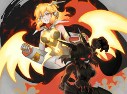Rule 34 | 2girls, armor, black circle, blonde hair, claws, clenched hands, evil smile, fire, glowing, glowing eyes, glowing wings, multiple girls, outline, red eyes, red outline, scarf, senki zesshou symphogear, shaded face, shadow, smile, tachibana hibiki (symphogear), transformation, visqi, white background, wings, x-drive (symphogear), yellow eyes
