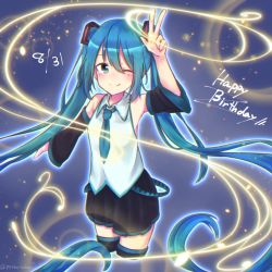 Rule 34 | 1girl, :p, absurdly long hair, anniversary, aqua eyes, aqua hair, artist name, artist request, bare shoulders, black footwear, black skirt, blue eyes, blue hair, boots, breasts, collared shirt, dress shirt, female focus, floating hair, full body, hair between eyes, hair ornament, hatsune miku, highres, long hair, looking at viewer, miniskirt, necktie, outstretched arms, piyoko noko, pleated skirt, shirt, skirt, sleeveless, sleeveless shirt, small breasts, smile, solo, thigh boots, thighhighs, tongue, tongue out, twintails, v, very long hair, vocaloid, wing collar, zettai ryouiki