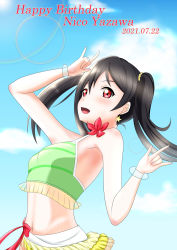 Rule 34 | 1girl, absurdres, aqua scrunchie, artist name, artist request, bare shoulders, bikini, bikini bottom only, bikini skirt, black hair, blue sky, blush, bow, bracelet, breasts, choker, cleavage, cloud, collarbone, day, double m/, earrings, female focus, flat chest, floating hair, flower, flower choker, frilled bikini, frills, green bikini, hair between eyes, hair bobbles, hair bow, hair flower, hair ornament, hibiscus, highres, jewelry, long hair, looking at viewer, love live!, love live! school idol project, natsuiro egao de 1 2 jump!, navel, necklace, nico nico nii, outdoors, parted lips, pearl necklace, red bow, red eyes, red flower, scrunchie, short hair, short twintails, sky, small breasts, smile, solo, star (symbol), star earrings, striped bikini, striped clothes, swimsuit, tankini, twintails, white scrunchie, wrist scrunchie, yazawa nico