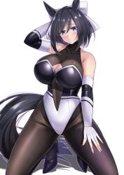 Rule 34 | 1girl, absurdres, animal ears, azur lane, black footwear, black hair, black pantyhose, blue eyes, bodystocking, cela f, cleavage cutout, clothing cutout, commission, cosplay, eishin flash (umamusume), elbow gloves, gloves, highres, horse ears, horse tail, pantyhose, race queen, short hair, simple background, skeb commission, skin tight, solo, tail, takao (azur lane), takao (azur lane) (cosplay), takao (full throttle charmer) (azur lane), two-tone gloves, two-tone leotard, umamusume, white background, white gloves