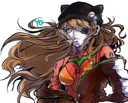 Rule 34 | 1girl, animal hat, artist request, black hat, bodysuit, breasts, brown hair, closed mouth, evangelion: 3.0 you can (not) redo, expressionless, eyepatch, floating hair, hands in pockets, hat, jacket, jacket on shoulders, long hair, looking at viewer, medium breasts, neon genesis evangelion, orange eyes, pilot suit, plugsuit, rebuild of evangelion, red bodysuit, simple background, solo, souryuu asuka langley, track jacket, very long hair, white background