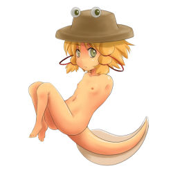 Rule 34 | 1girl, ao usagi, blonde hair, breasts, convenient leg, facing viewer, female focus, flat chest, frog, full body, green eyes, hair ornament, hair ribbon, hat, legs, legs together, looking at viewer, moriya suwako, navel, nipples, no arms, nude, pyonta, ribbon, short hair, sidelocks, simple background, small areolae, small nipples, solo, tadpole, tadpole tail, tail, touhou, what, white background