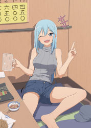 Rule 34 | 1girl, :d, alternate costume, aqua (konosuba), bare shoulders, beer mug, blue eyes, blue hair, blue shorts, blush, breasts, chopsticks, commentary request, cup, food, hand up, holding, holding cup, index finger raised, indoors, kono subarashii sekai ni shukufuku wo!, large breasts, long hair, looking at viewer, meat, mug, one eye closed, open mouth, salpin, short shorts, shorts, sitting, sleeveless, sleeveless sweater, smile, solo, sweater, teeth, upper teeth only