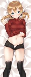 Rule 34 | 10s, 1girl, bed, blonde hair, blue eyes, breasts, casual, clothes lift, cutoffs, dakimakura (medium), covered erect nipples, highres, kantai collection, lifting own clothes, looking at viewer, medium breasts, navel, open fly, panties, pantyshot, prinz eugen (kancolle), ren san, ribbed sweater, short shorts, shorts, smile, solo, stomach, sweater, sweater lift, thighhighs, thighs, turtleneck, twintails, unbuttoned, underwear