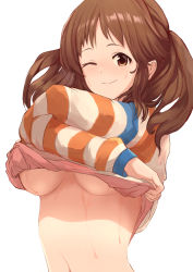 Rule 34 | 10s, 1girl, arm wrap, belly, blush, breasts, brown eyes, brown hair, closed mouth, clothes lift, crossed arms, highres, idolmaster, idolmaster cinderella girls, long hair, looking at viewer, medium breasts, navel, no bra, one eye closed, shirt, shirt lift, smile, solo, standing, striped clothes, striped sweater, sweat, sweater, sweater lift, totoki airi, twintails, underboob, upper body, white background