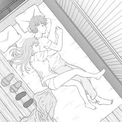 Rule 34 | 1boy, 1girl, aged up, aida kensuke, beads, bed, bed sheet, breast press, closed eyes, evangelion: 3.0+1.0 thrice upon a time, from above, hug, hug from behind, legs, long hair, masago ksb, monochrome, neon genesis evangelion, panties, pillow, rebuild of evangelion, sleeping, slippers, souryuu asuka langley, underwear