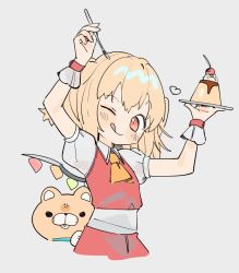 Rule 34 | 1girl, ;q, anger vein, animal, arms up, ascot, blonde hair, cherry, cropped torso, crystal, flandre scarlet, food, fruit, gotou (nekocat), grey background, heart, holding, looking at viewer, medium hair, no headwear, one eye closed, one side up, plate, pudding, red eyes, red skirt, red vest, shirt, short sleeves, simple background, skirt, smile, solo, tongue, tongue out, touhou, upper body, vest, white shirt, wings, wrist cuffs, yellow ascot