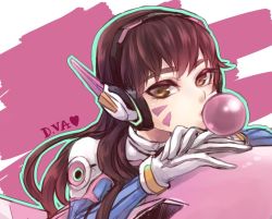 Rule 34 | 1girl, armor, bodysuit, brown eyes, brown hair, blowing bubbles, character name, chewing gum, d.va (overwatch), face, facial mark, gloves, headphones, heart, high collar, long hair, looking at viewer, mecha, meka (overwatch), overwatch, overwatch 1, pilot suit, robot, solo, swept bangs, whisker markings, white gloves