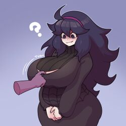 Rule 34 | 1girl, ?, @ @, ahoge, breasts, cleavage, clothes pull, creatures (company), dabble, disembodied hand, dress, female focus, game freak, hex maniac (pokemon), highres, huge breasts, long hair, matching hair/eyes, nintendo, plump, pokemon, pokemon xy, purple eyes, purple hair, shirt pull, simple background, solo