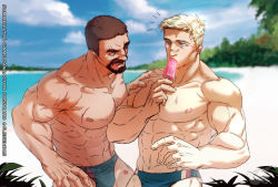Rule 34 | 2boys, abs, bara, beach, beard, black hair, blonde hair, blue eyes, blue male swimwear, brown eyes, cloud, day, facial hair, facial scar, fliegen80s, food, holding, holding food, large pectorals, licking, licking lips, looking at another, male focus, male swimwear, multiple boys, muscular, muscular male, navel, nipples, outdoors, overwatch, overwatch 1, pectorals, popsicle, reaper (overwatch), scar, scar on arm, scar on cheek, scar on chest, scar on face, scar on hand, scar on leg, short hair, sky, soldier: 76 (overwatch), swim briefs, tongue, tongue out