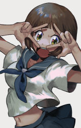 Rule 34 | 1girl, bad id, bad pixiv id, blue neckerchief, blue sailor collar, blue skirt, brown eyes, brown hair, commentary request, double w, grey background, hands up, kill la kill, looking at viewer, mankanshoku mako, midriff, neckerchief, open mouth, partial commentary, pleated skirt, sailor collar, school uniform, serafuku, shirt, short hair, short sleeves, simple background, skirt, solo, teeth, teigaso1, upper body, upper teeth only, v over eye, w, white shirt