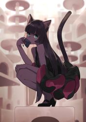 Rule 34 | 1girl, absurdres, animal, animal ears, bare arms, bare legs, black dress, black footwear, blunt bangs, breasts, brown hair, brown tail, cat&#039;s cradle, cat ears, cat girl, cat tail, dark-skinned female, dark skin, dead animal, dress, eating, frilled dress, frills, full body, green eyes, hand on own knee, hand up, high heels, highres, hime cut, holding, holding animal, long hair, looking at viewer, mouse (animal), original, pink dress, small breasts, small face, solo, squatting, tail, tail raised, two-tone dress, yau5531