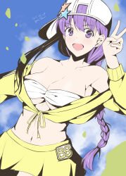Rule 34 | 1girl, alternate costume, artist name, bare shoulders, baseball cap, bb (fate), bb (fate) (all), bb (swimsuit mooncancer) (fate), bb (swimsuit mooncancer) (first ascension) (fate), blue sky, braid, braided ponytail, breasts, chest sarashi, cleavage, cloud, cloudy sky, commentary request, cowboy shot, dated, fate/grand order, fate (series), hat, highres, hood, hoodie, large breasts, long hair, open mouth, outdoors, purple eyes, purple hair, sarashi, skirt, sky, smile, solo, taira yuuki, v, white hat, yellow hoodie, yellow skirt
