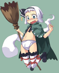 Rule 34 | 1girl, ^^^, blue eyes, blush, bob cut, broom, cape, chacha (tyatya), fang, female focus, flat chest, ghost, hairband, headband, highres, hitodama, konpaku youmu, konpaku youmu (ghost), leg ribbon, magical girl, navel, panties, panties only, ribbon, solo, surprised, teardrop, tears, thigh ribbon, thighhighs, topless, touhou, underwear, underwear only, wavy mouth, white hair, white panties, white thighhighs