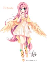 Rule 34 | 10s, 1girl, 2012, aqua eyes, bug, butterfly, butterfly hair ornament, capelet, character name, dated, dress, fluttershy, full body, hair ornament, bug, leg warmers, long hair, my little pony, my little pony: friendship is magic, personification, pink hair, pleated dress, sakurano ru, short dress, signature, solo, very long hair, watermark, web address, white background, wings