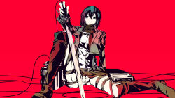 Rule 34 | 1girl, bad id, bad pixiv id, belt, boots, buckle, highres, jacket, long sleeves, meola, mikasa ackerman, monochrome, pants, partially colored, red background, scarf, shingeki no kyojin, short hair, sitting, solo, sword, thigh strap, three-dimensional maneuver gear, weapon