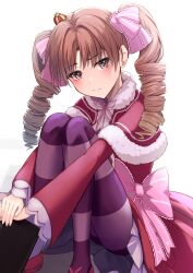 Rule 34 | 1girl, absurdres, beatrice (re:zero), beatrice (re:zero) (cosplay), blush, brown hair, capelet, cosplay, crown, dress, embarrassed, full body, highres, hugging own legs, k3rd, legs, long hair, long sleeves, looking to the side, mini crown, own hands together, pantyhose, pink capelet, pink dress, ringlets, shirai kuroko, sitting, solo, striped clothes, striped pantyhose, toaru kagaku no railgun, toaru majutsu no index, twintails, upskirt, white background