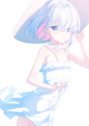 Rule 34 | 1girl, alternate costume, arona (blue archive), ass, bad id, bad pixiv id, blue archive, blue eyes, blue hair, braid, choker, commentary, dress, hat, highres, looking at viewer, multicolored hair, pink hair, short hair, simple background, single braid, sleeveless, sleeveless dress, solo, two-tone hair, usamiusamimii, white background, white choker, white dress, white hat