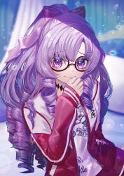 Rule 34 | 1girl, absurdres, bow, glasses, hair bow, highres, hyakumantenbara salome, hyakumantenbara salome (casual), jacket, nijisanji, official alternate costume, open clothes, open jacket, pink bow, ponytail, raymond busujima, red jacket, smile, solo, track jacket, virtual youtuber