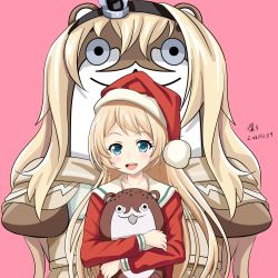 Rule 34 | 1girl, artist name, blonde hair, blue eyes, blush, bokukawauso, dated, hat, highres, jervis (kancolle), kantai collection, long hair, long sleeves, official alternate costume, open mouth, pink background, pom pom (clothes), santa costume, santa hat, signature, simple background, smile, teeth, tk8d32, upper body, upper teeth only, warspite (kancolle)