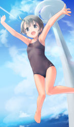 Rule 34 | 1girl, :d, ahoge, armpits, arms up, bare arms, bare legs, barefoot, black eyes, black hair, black one-piece swimsuit, blue sky, blush, breasts, brown eyes, brown hair, cloud, collarbone, competition school swimsuit, day, flat chest, full body, highres, jumping, kawaseki, midair, new school swimsuit, one-piece swimsuit, open mouth, original, outdoors, outstretched arms, school swimsuit, short hair, sky, small breasts, smile, solo, spread arms, standing, swimsuit